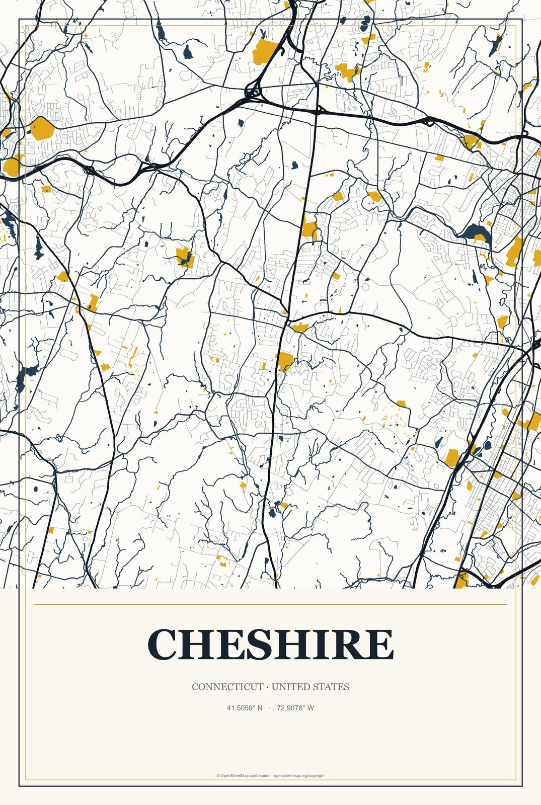 Cheshire, Connecticut City Map Aluminum Sign in Citrine Modern style