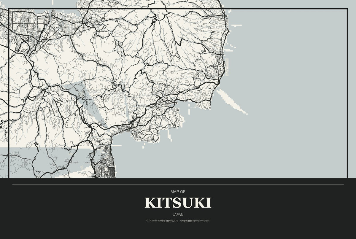 Kitsuki, Japan City Map Aluminum Sign in Museum Plaque style