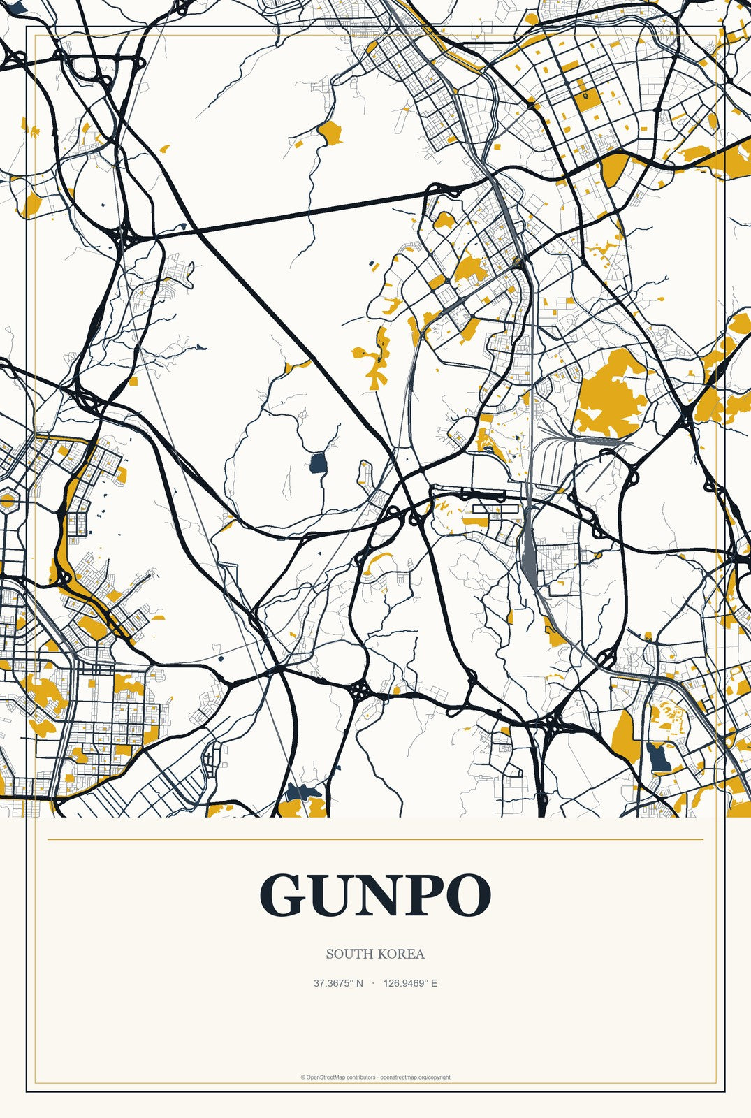 Gunpo, South Korea City Map Aluminum Sign in Citrine Modern style