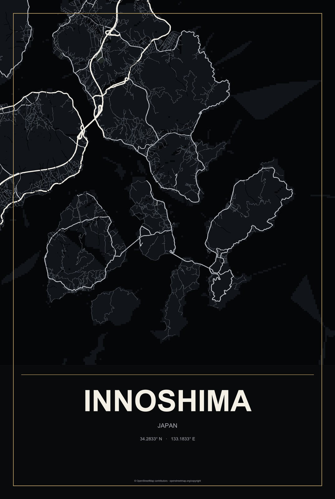 Innoshima, Japan City Map Aluminum Sign in Metropolitan Noir style
