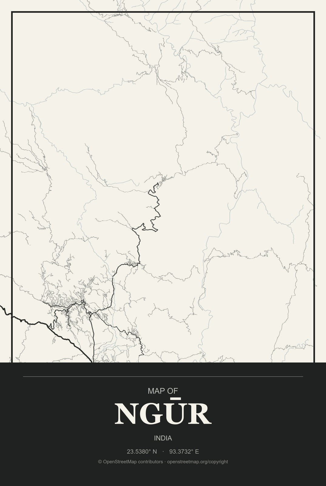 Ngūr, India City Map Aluminum Sign in Museum Plaque style