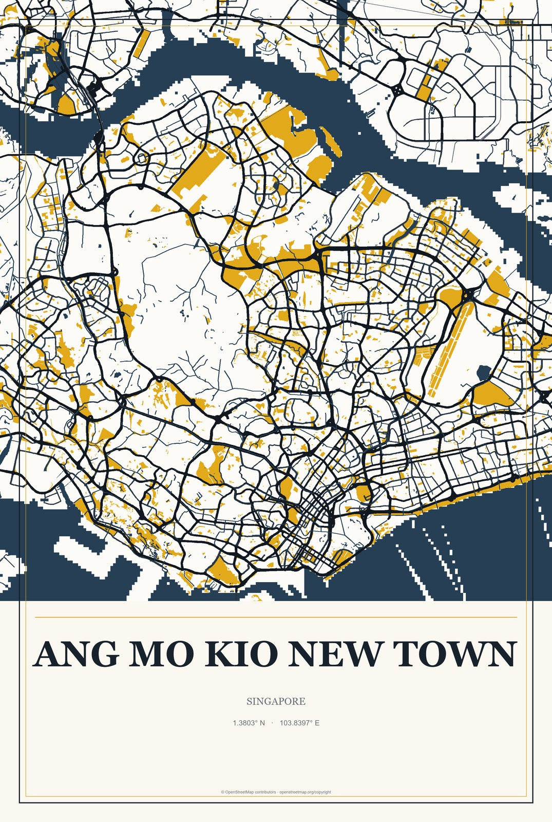Ang Mo Kio New Town, Singapore City Map Aluminum Sign in Citrine Modern style
