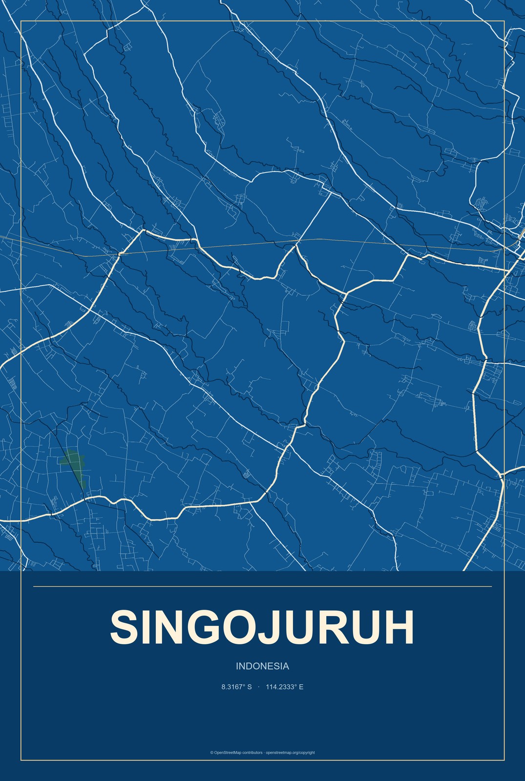 Singojuruh, Indonesia City Map Aluminum Sign in Harbor Cobalt style