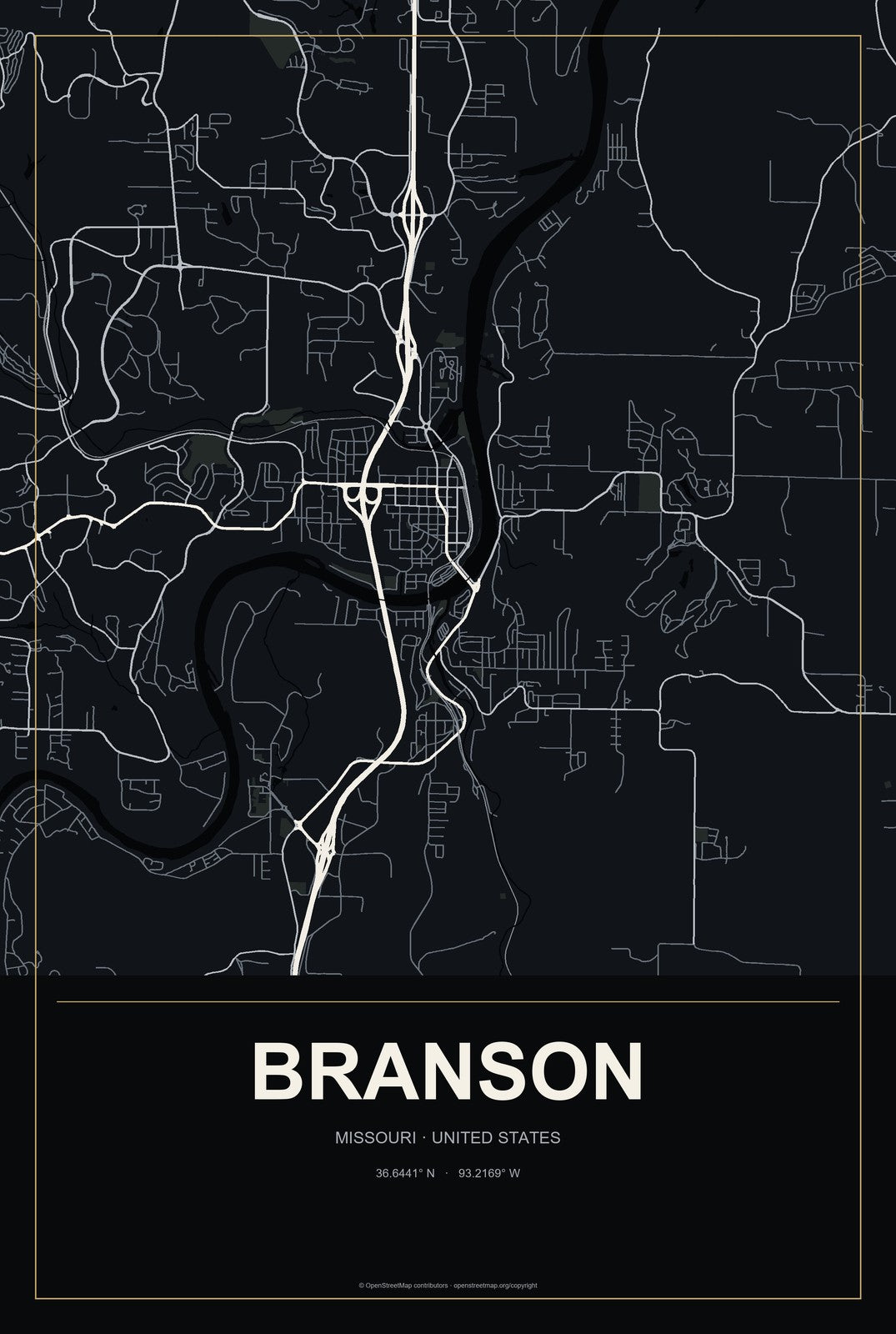 Branson, Missouri City Map Aluminum Sign in Metropolitan Noir style