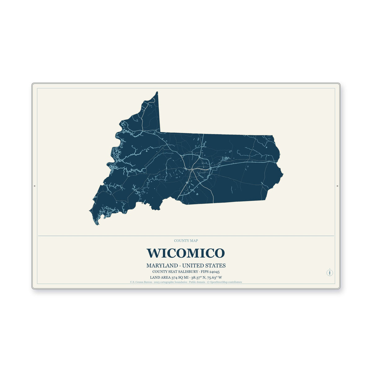 Wicomico County, Maryland Map Aluminum Sign in Coastal Cutout style