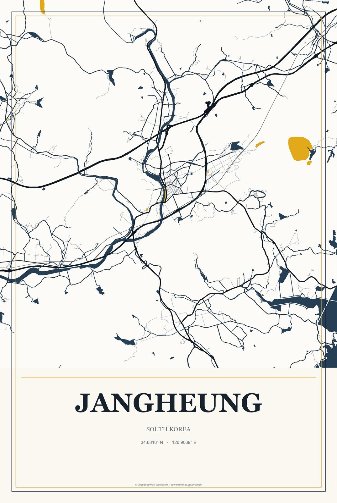 Jangheung, South Korea City Map Aluminum Sign in Citrine Modern style