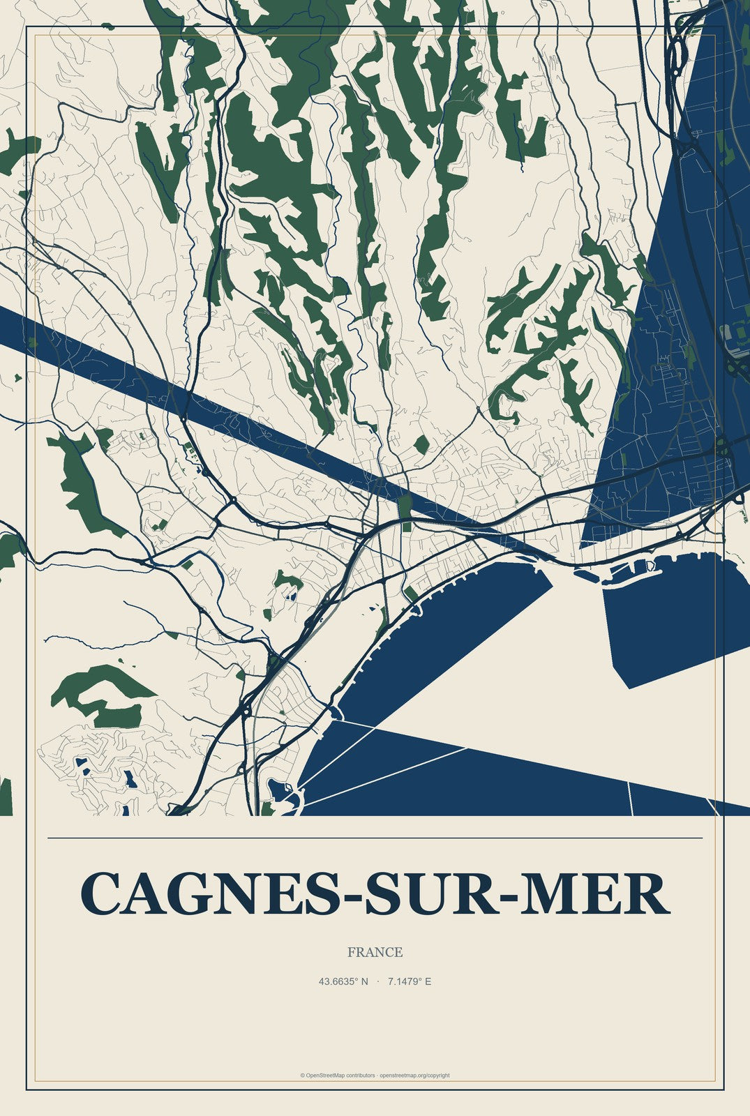 Cagnes-sur-Mer, France City Map Aluminum Sign in Coastal Cutout style