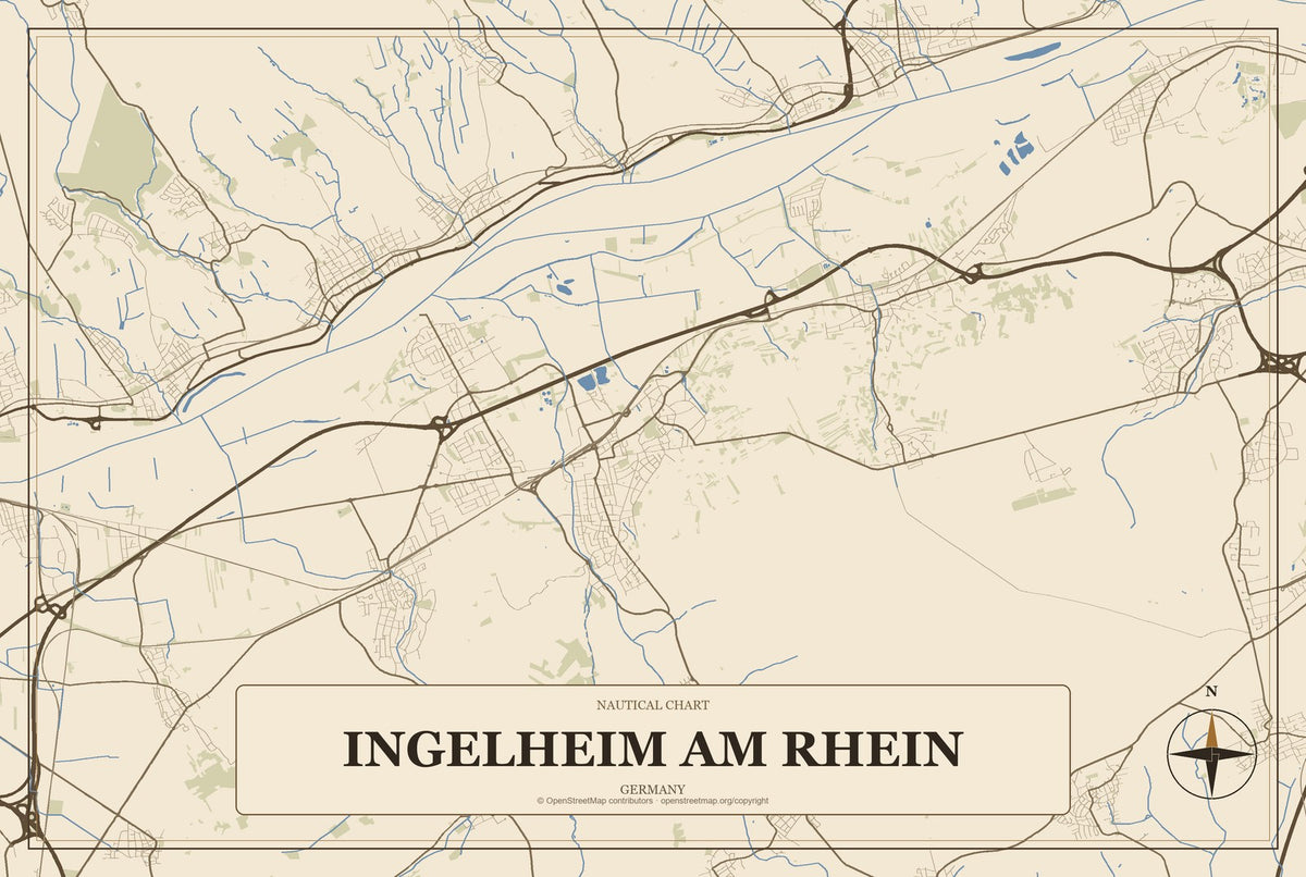 Ingelheim am Rhein, Germany City Map Aluminum Sign in Heritage Nautical style
