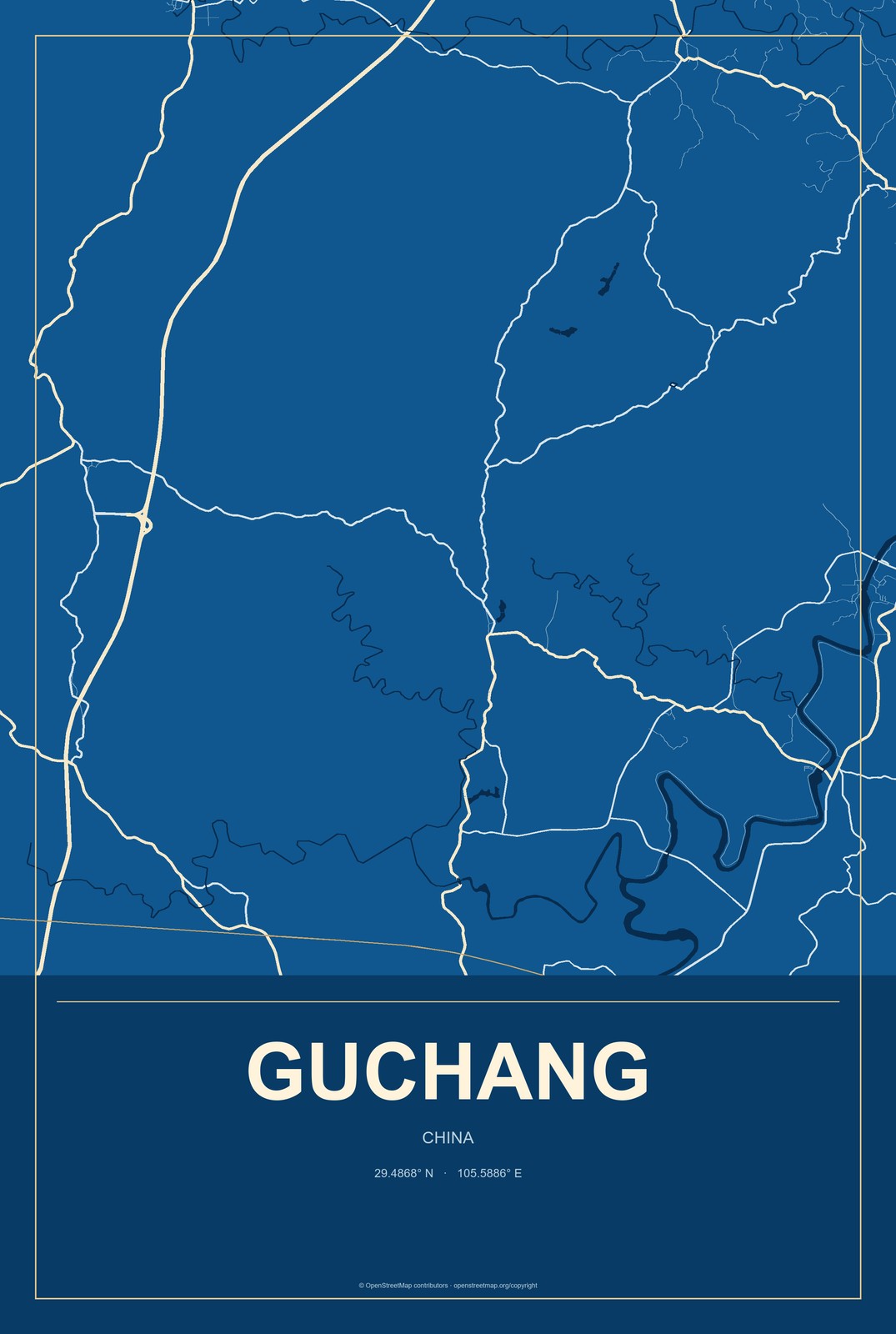 Guchang, China City Map Aluminum Sign in Harbor Cobalt style