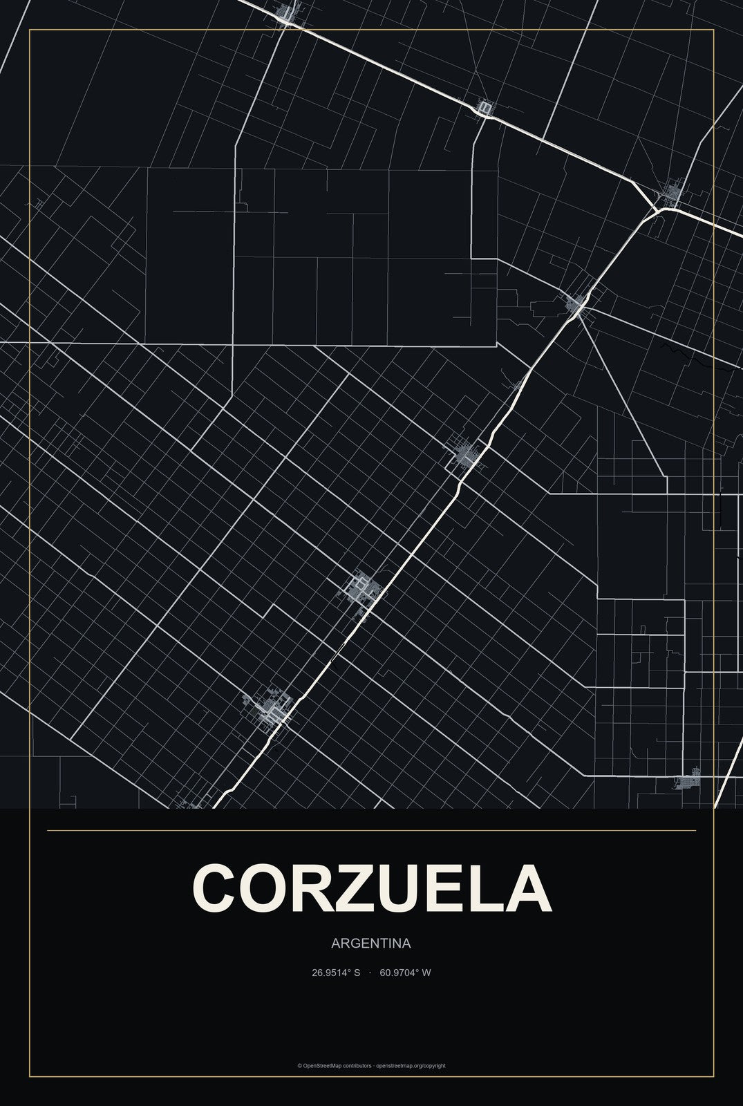 Corzuela, Argentina City Map Aluminum Sign in Metropolitan Noir style