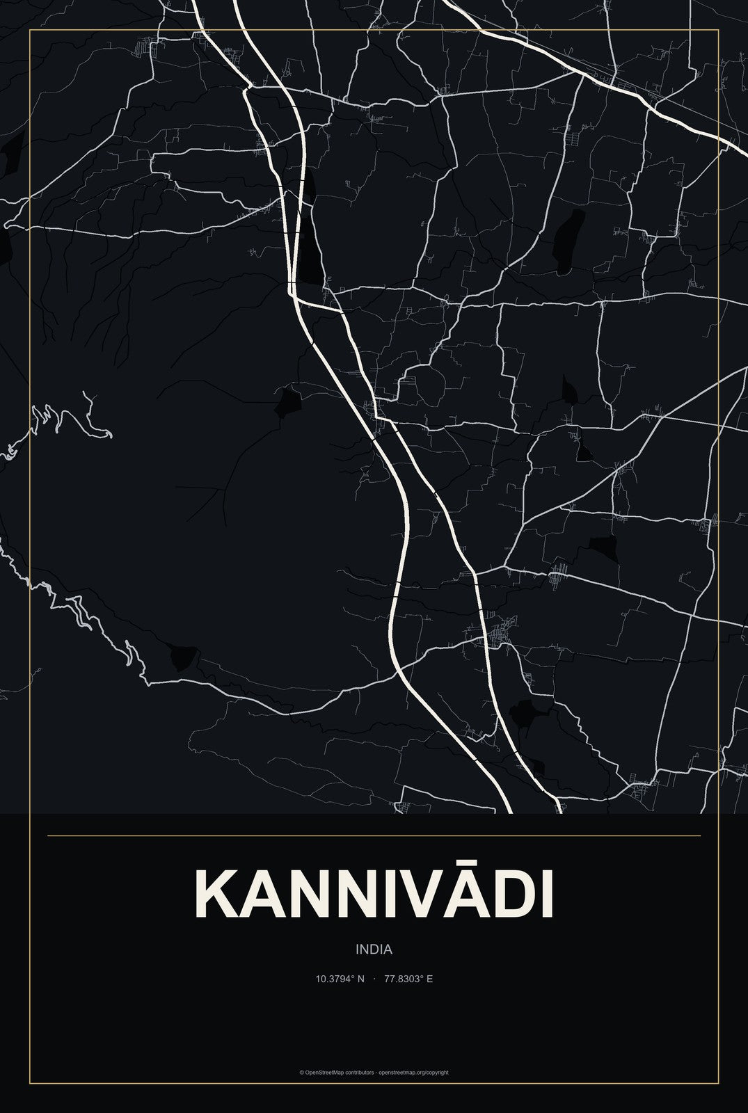 Kannivādi, India City Map Aluminum Sign in Metropolitan Noir style