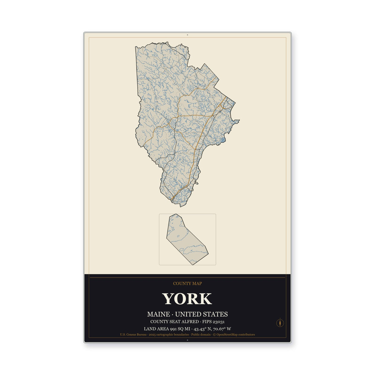York County, Maine Map Aluminum Sign in Museum Plaque style