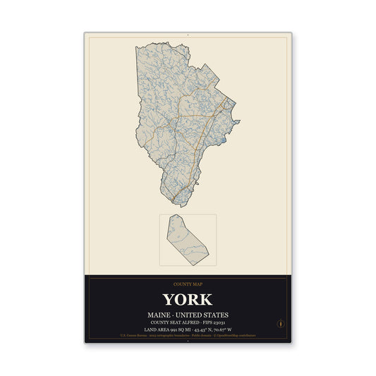 York County, Maine Map Aluminum Sign in Museum Plaque style