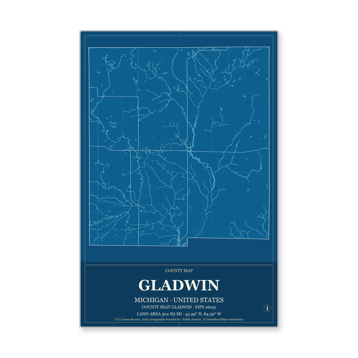 Gladwin County, Michigan Map Aluminum Sign in Harbor Cobalt style