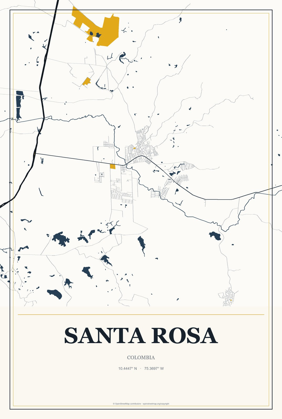 Santa Rosa, Colombia City Map Aluminum Sign in Citrine Modern style