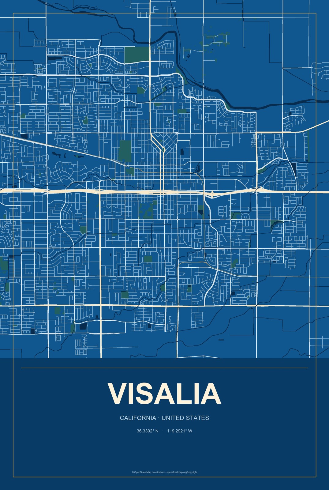 Visalia, California City Map Aluminum Sign in Harbor Cobalt style