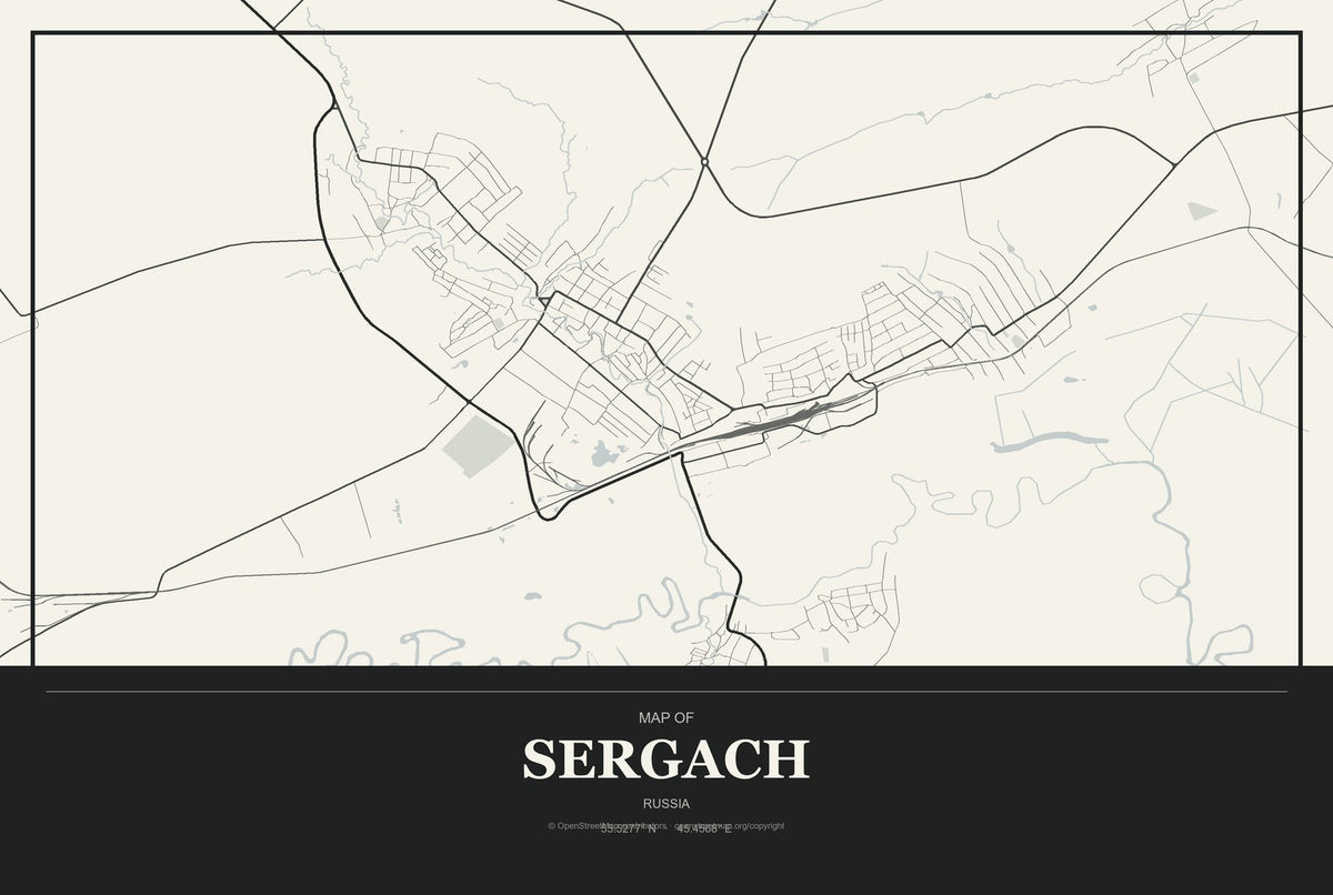 Sergach, Russia City Map Aluminum Sign in Museum Plaque style