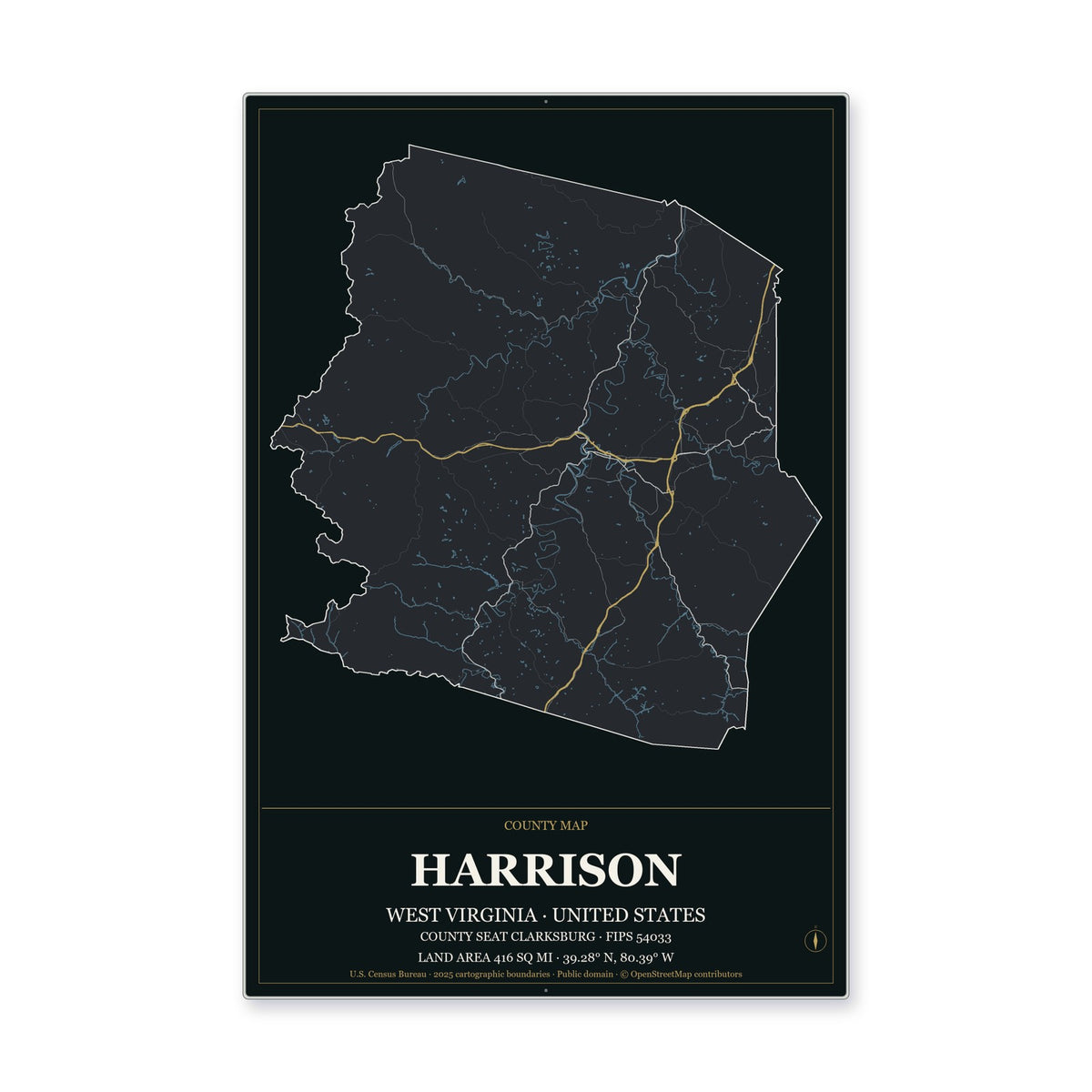 Harrison County, West Virginia Map Aluminum Sign in Metropolitan Noir style