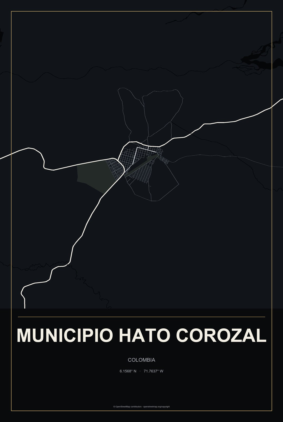Municipio Hato Corozal, Colombia City Map Aluminum Sign in Metropolitan Noir style