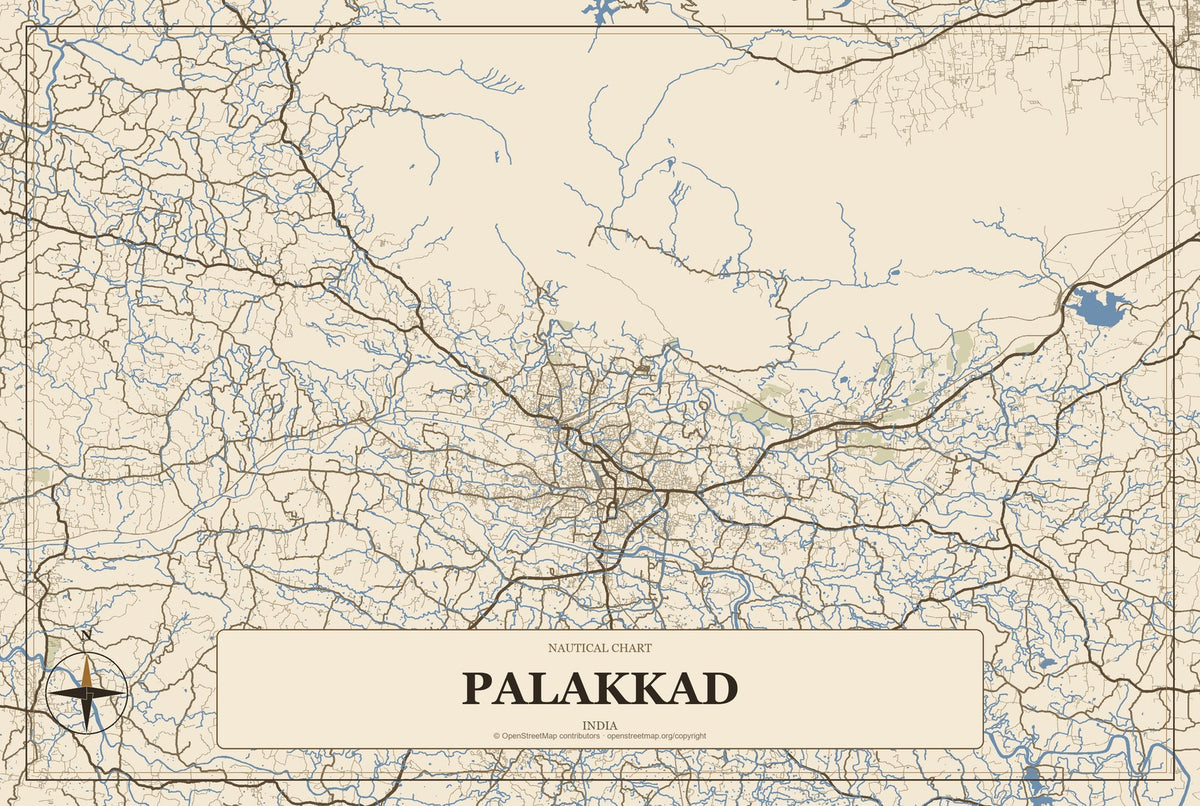 Palakkad, India City Map Aluminum Sign in Heritage Nautical style