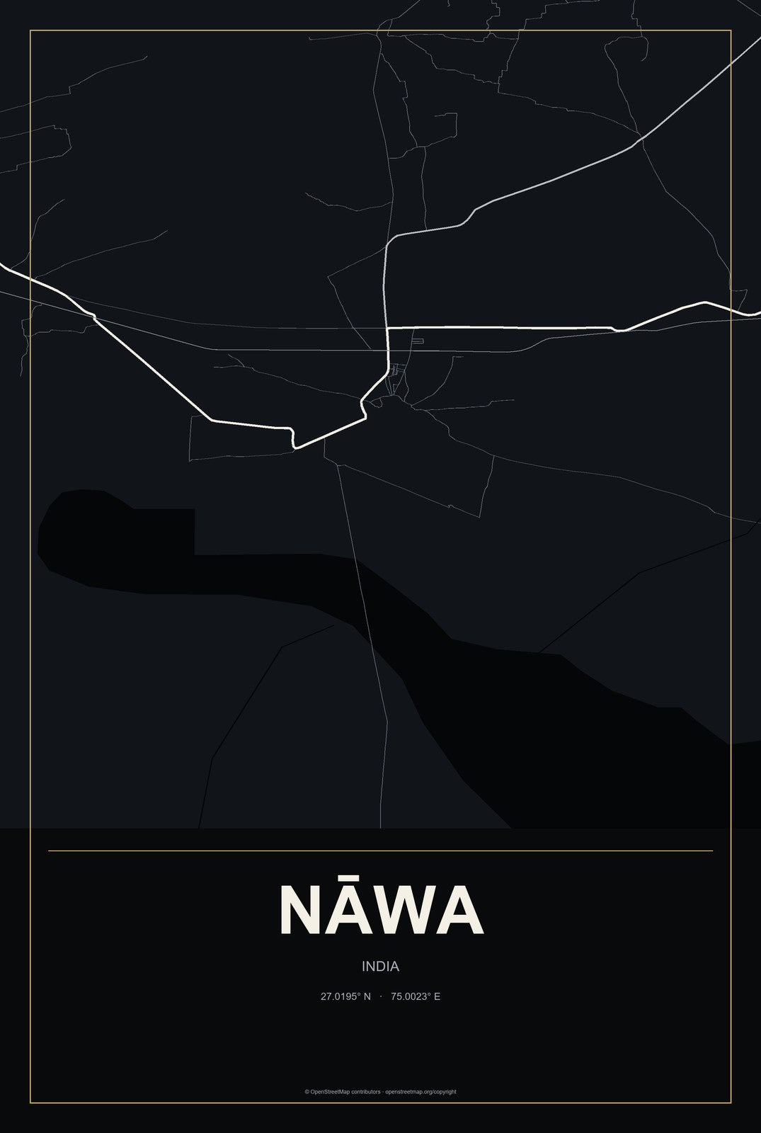Nāwa, India City Map Aluminum Sign in Metropolitan Noir style