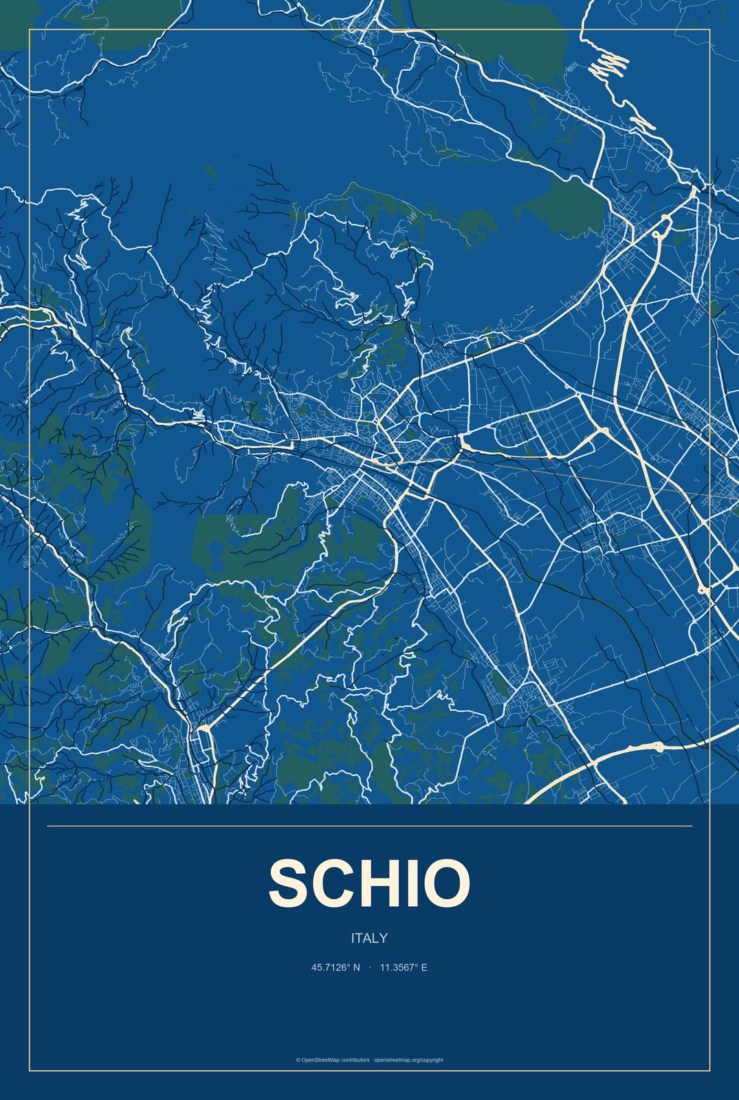 Schio, Italy City Map Aluminum Sign in Harbor Cobalt style