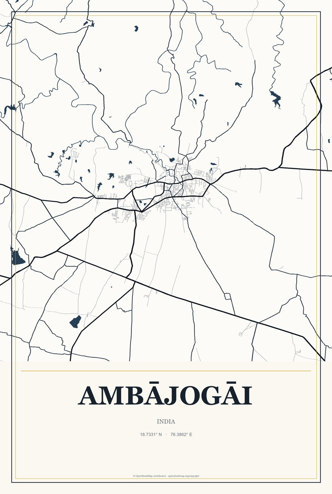 Ambājogāi, India City Map Aluminum Sign in Citrine Modern style