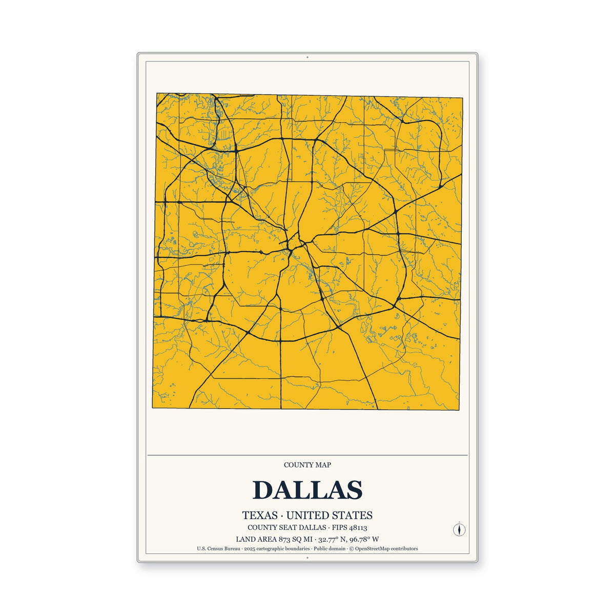 Dallas County, Texas Map Aluminum Sign in Citrine Modern style