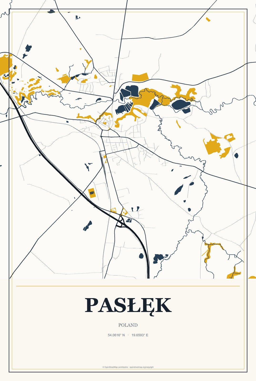 Pasłęk, Poland City Map Aluminum Sign in Citrine Modern style