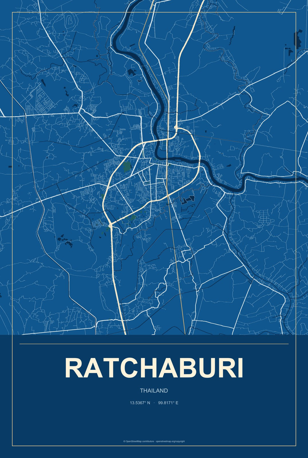Ratchaburi, Thailand City Map Aluminum Sign in Harbor Cobalt style
