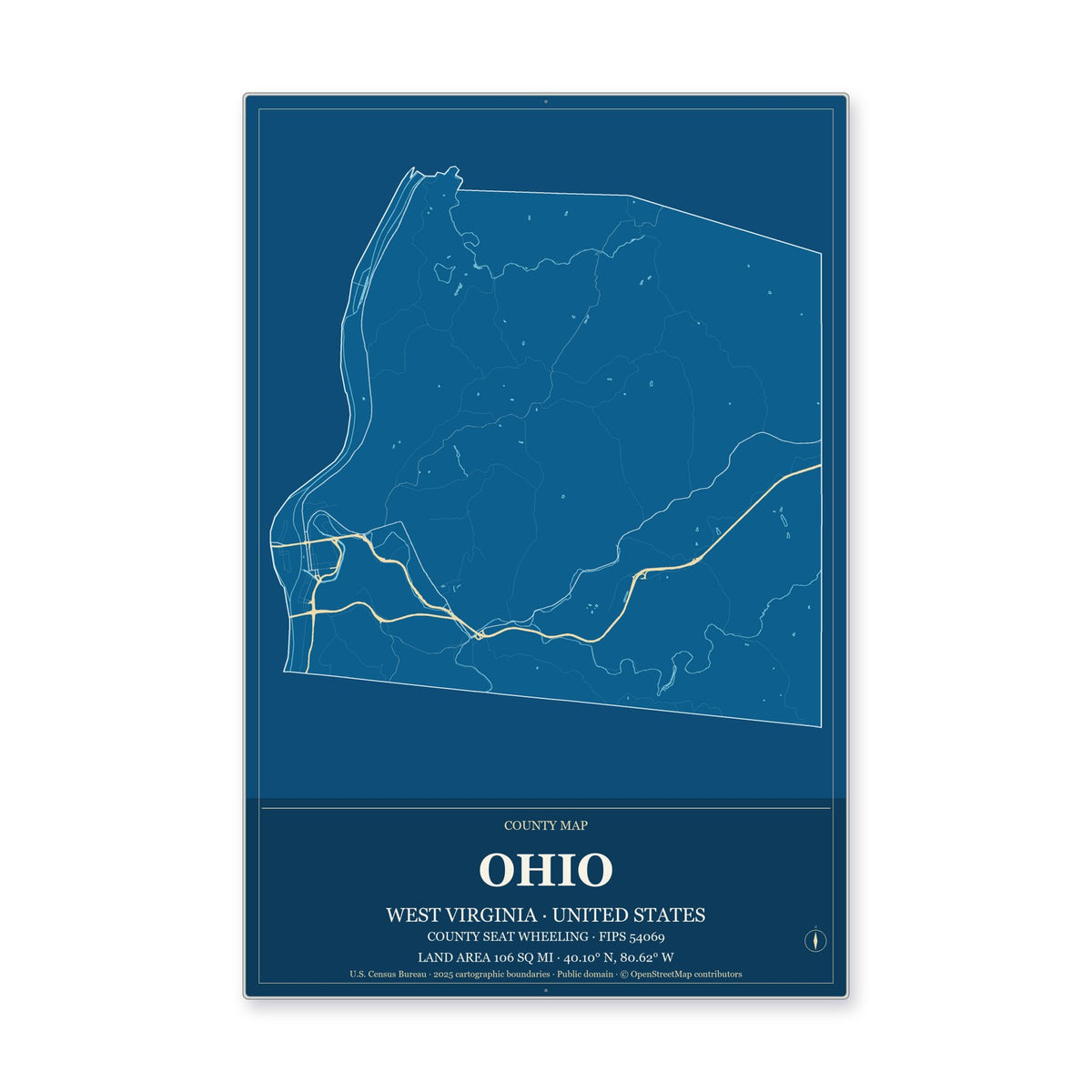Ohio County, West Virginia Map Aluminum Sign in Harbor Cobalt style