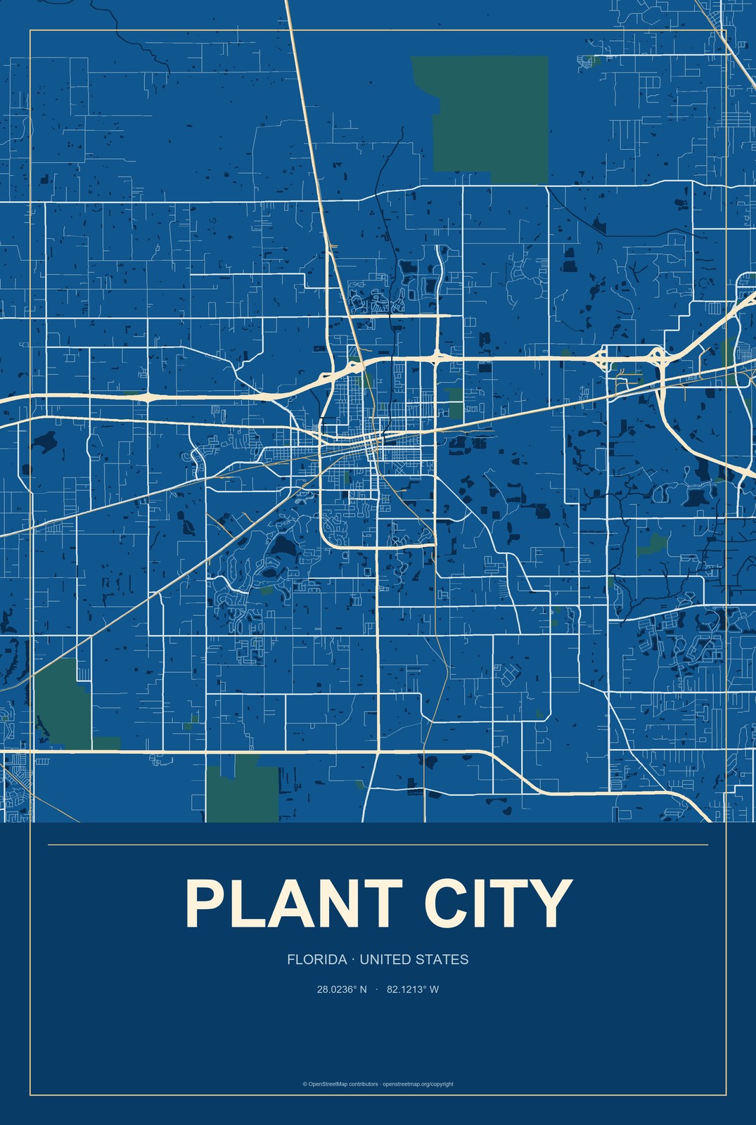 Plant City, Florida City Map Aluminum Sign in Harbor Cobalt style