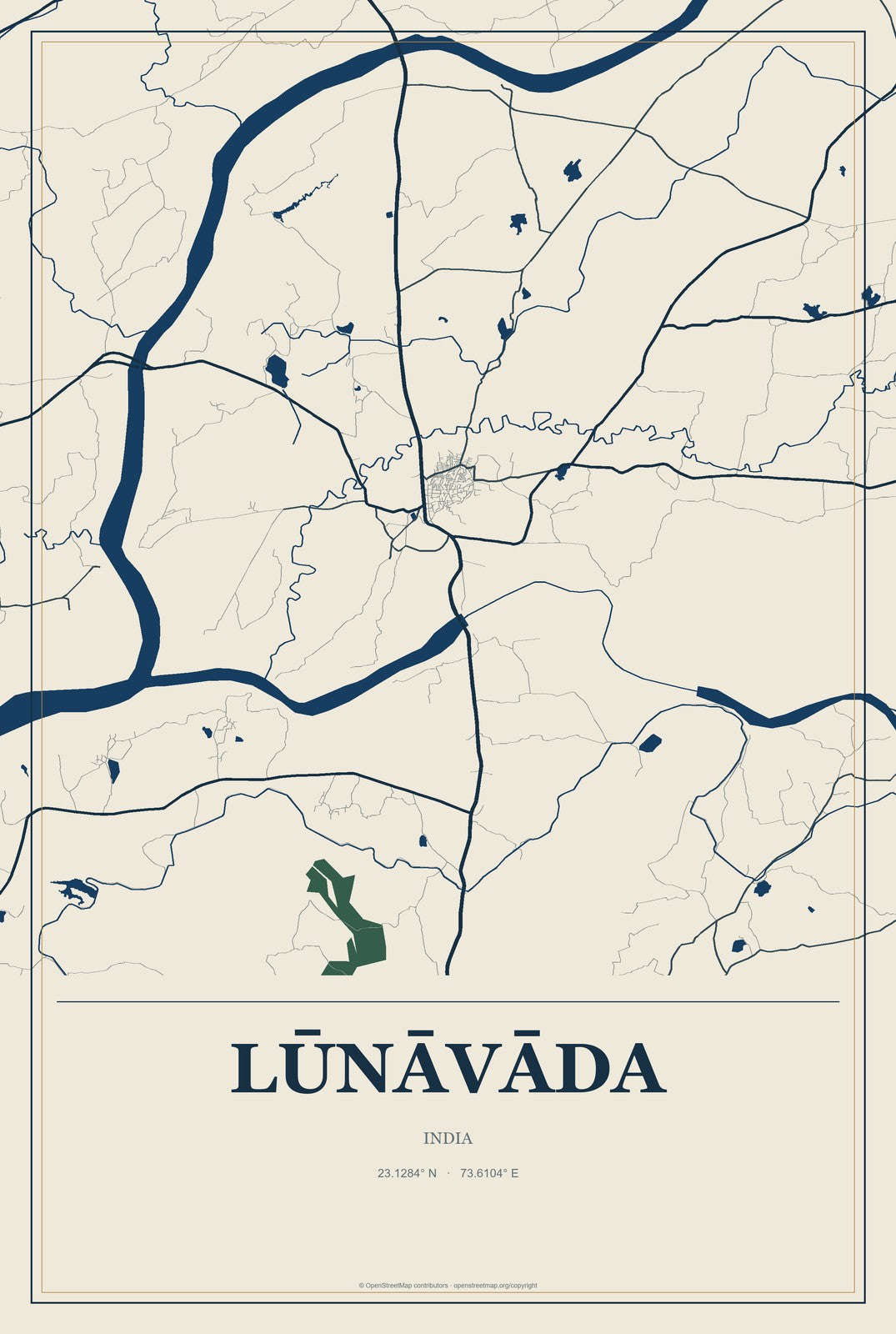 Lūnāvāda, India City Map Aluminum Sign in Coastal Cutout style