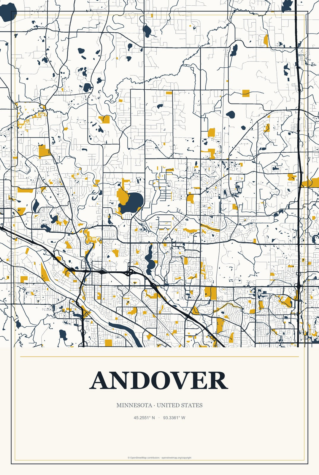 Andover, Minnesota City Map Aluminum Sign in Citrine Modern style
