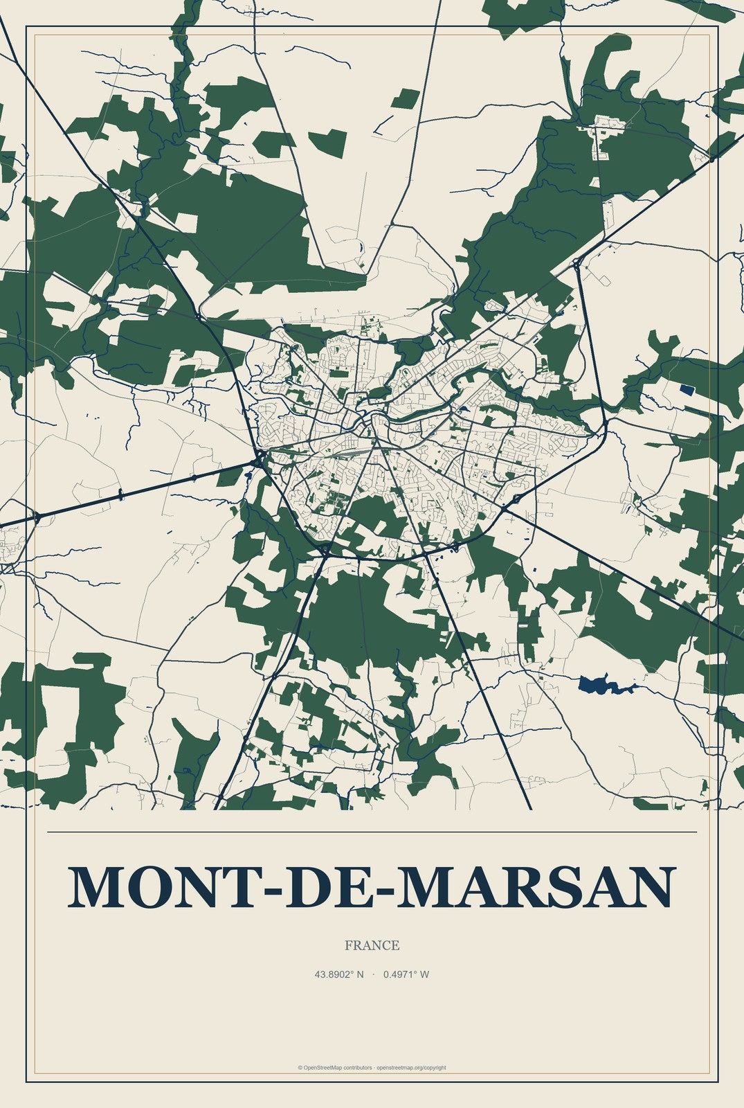 Mont-de-Marsan, France City Map Aluminum Sign in Coastal Cutout style