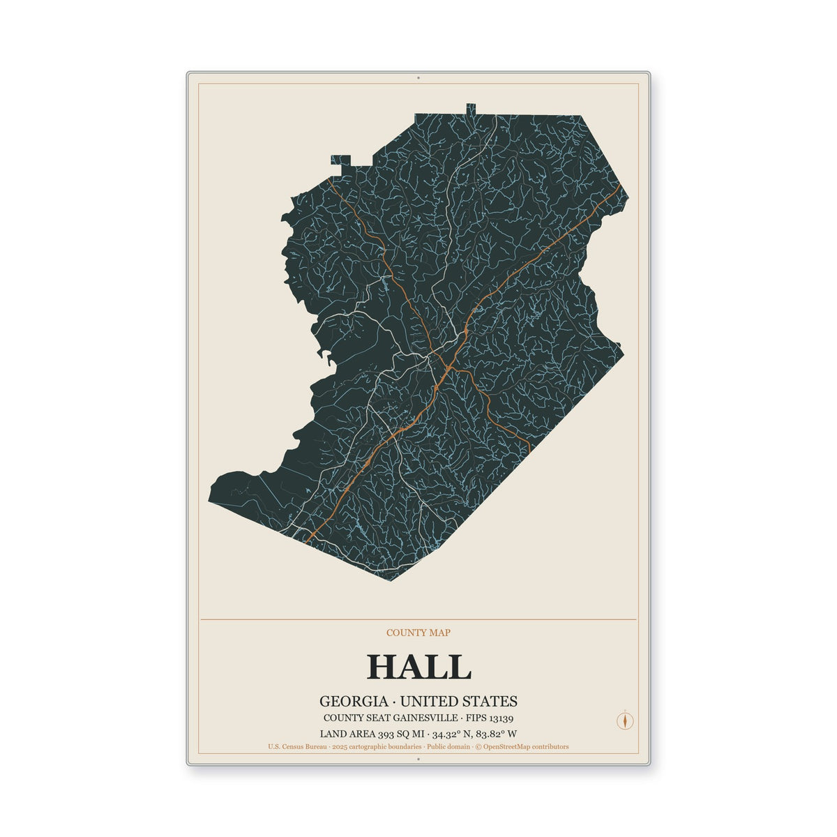 Hall County, Georgia Map Aluminum Sign in Headline Atlas style