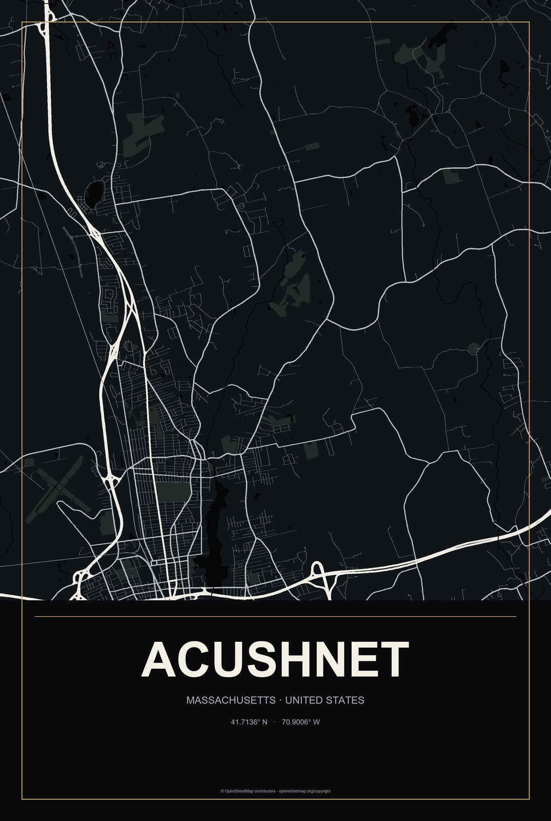 Acushnet, Massachusetts City Map Aluminum Sign in Metropolitan Noir style