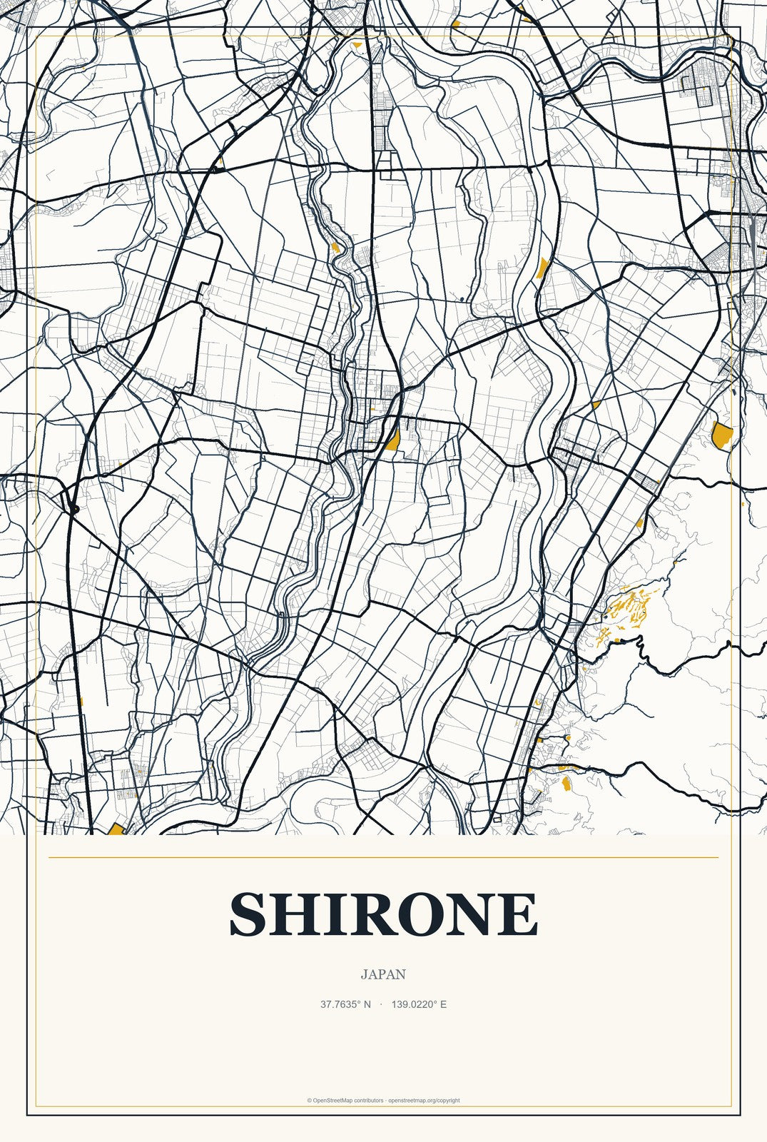 Shirone, Japan City Map Aluminum Sign in Citrine Modern style