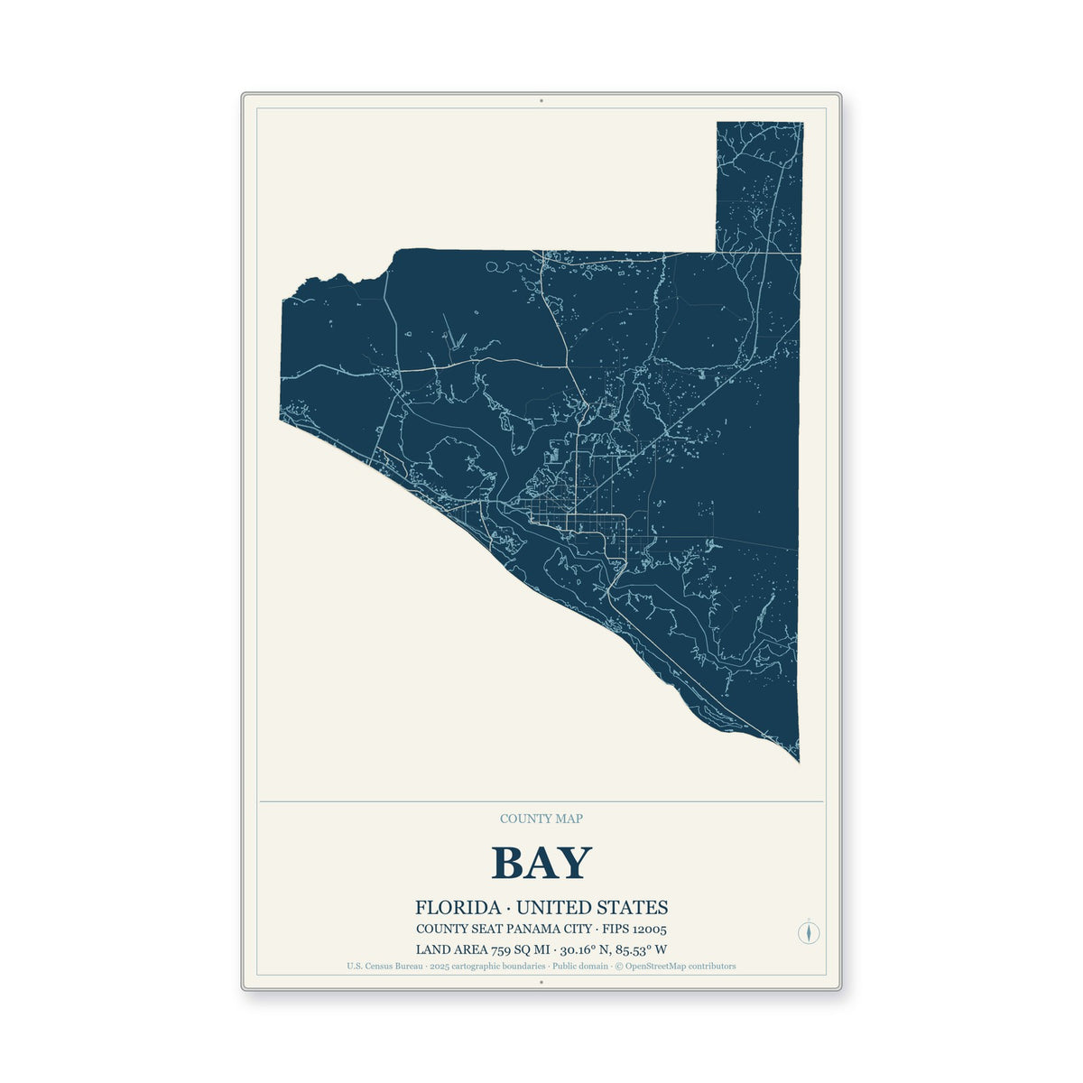 Bay County, Florida Map Aluminum Sign in Coastal Cutout style