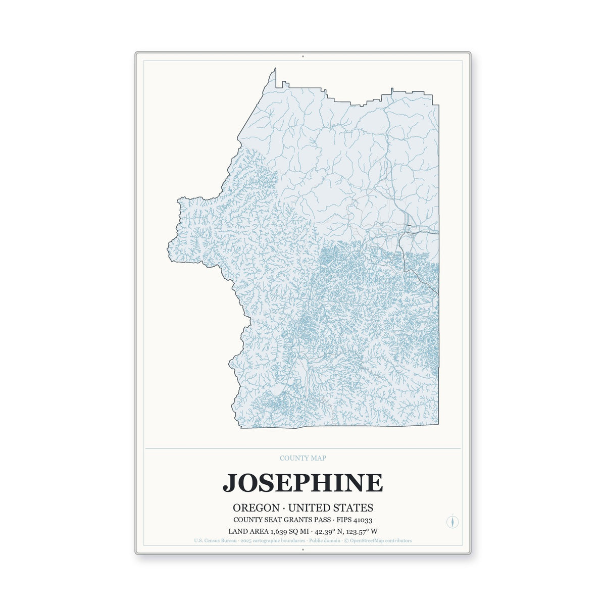 Josephine County, Oregon Map Aluminum Sign in Gallery Air style