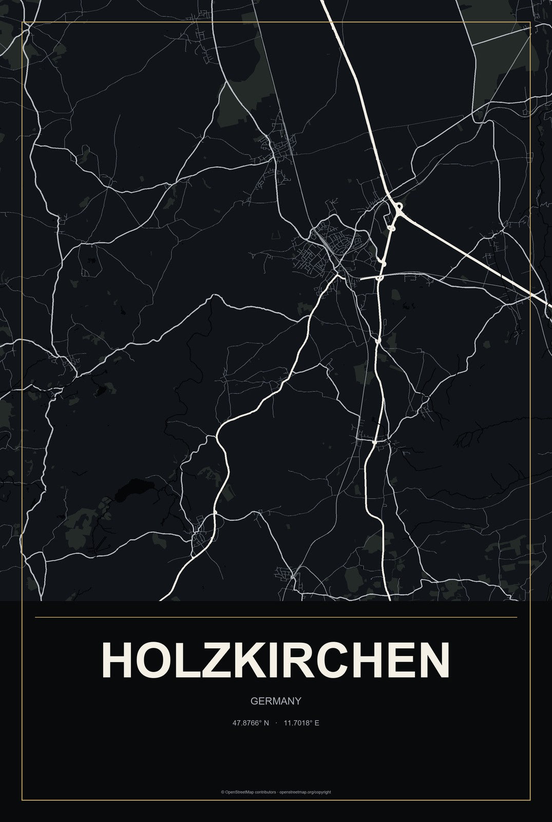 Holzkirchen, Germany City Map Aluminum Sign in Metropolitan Noir style