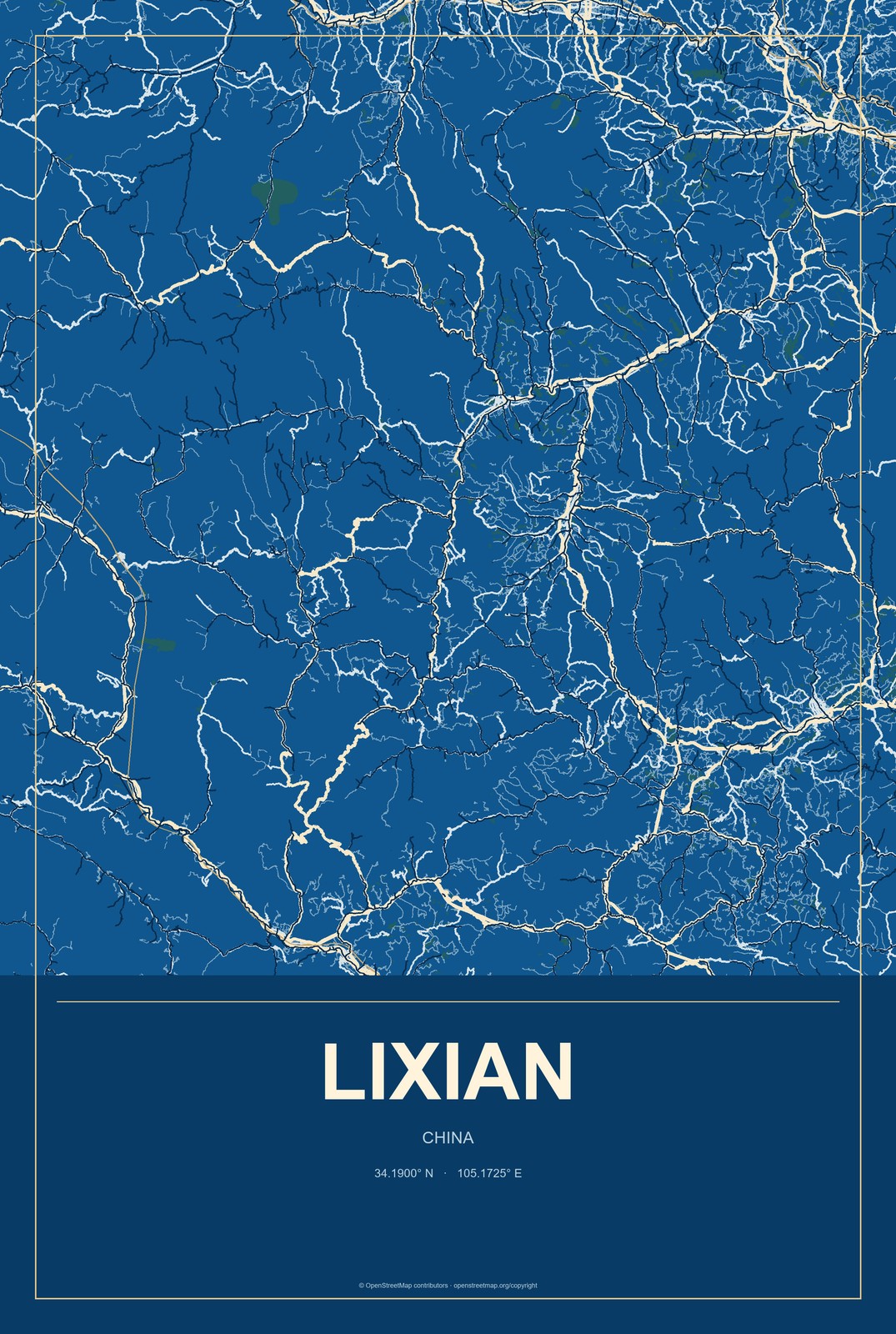 Lixian, China City Map Aluminum Sign in Harbor Cobalt style