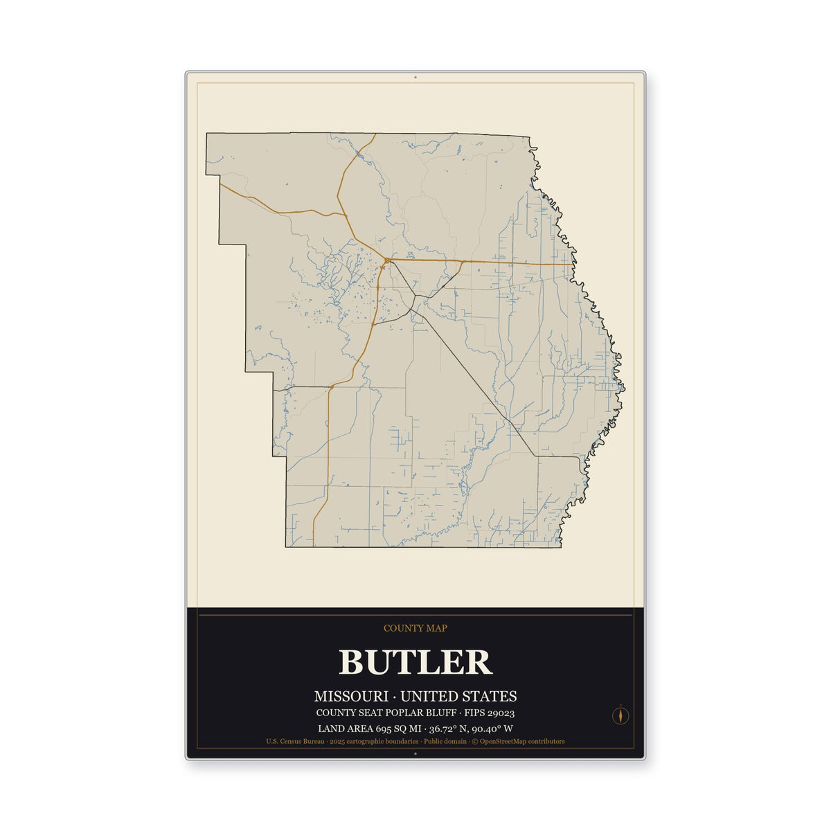 Butler County, Missouri Map Aluminum Sign in Museum Plaque style