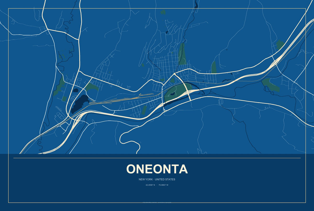 Oneonta, New York City Map Aluminum Sign in Harbor Cobalt style