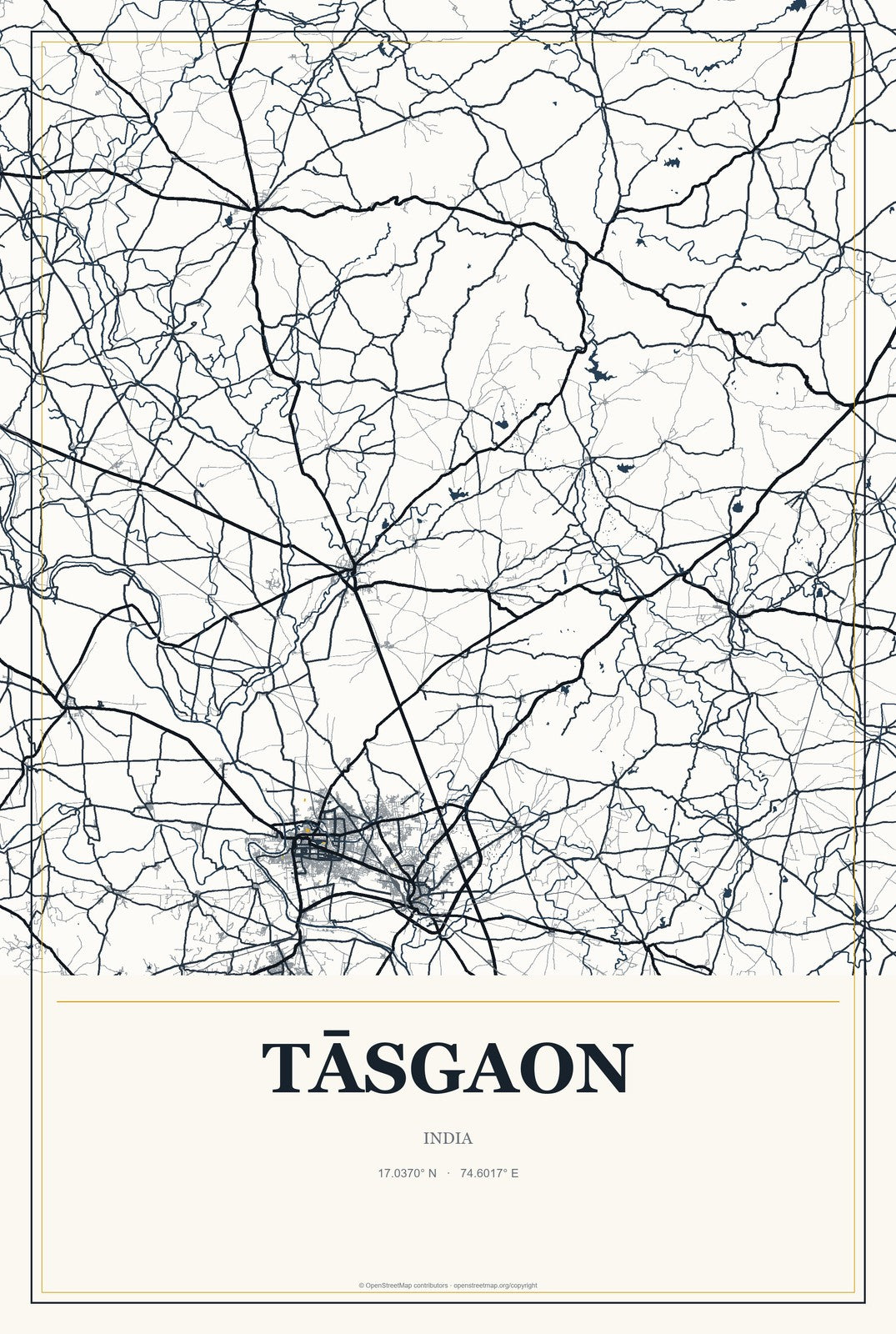 Tāsgaon, India City Map Aluminum Sign in Citrine Modern style