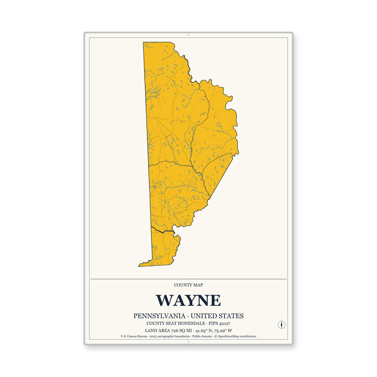Wayne County, Pennsylvania Map Aluminum Sign in Citrine Modern style