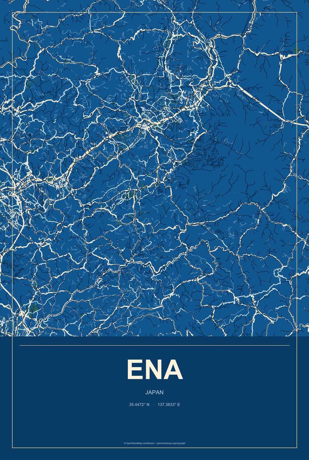 Ena, Japan City Map Aluminum Sign in Harbor Cobalt style