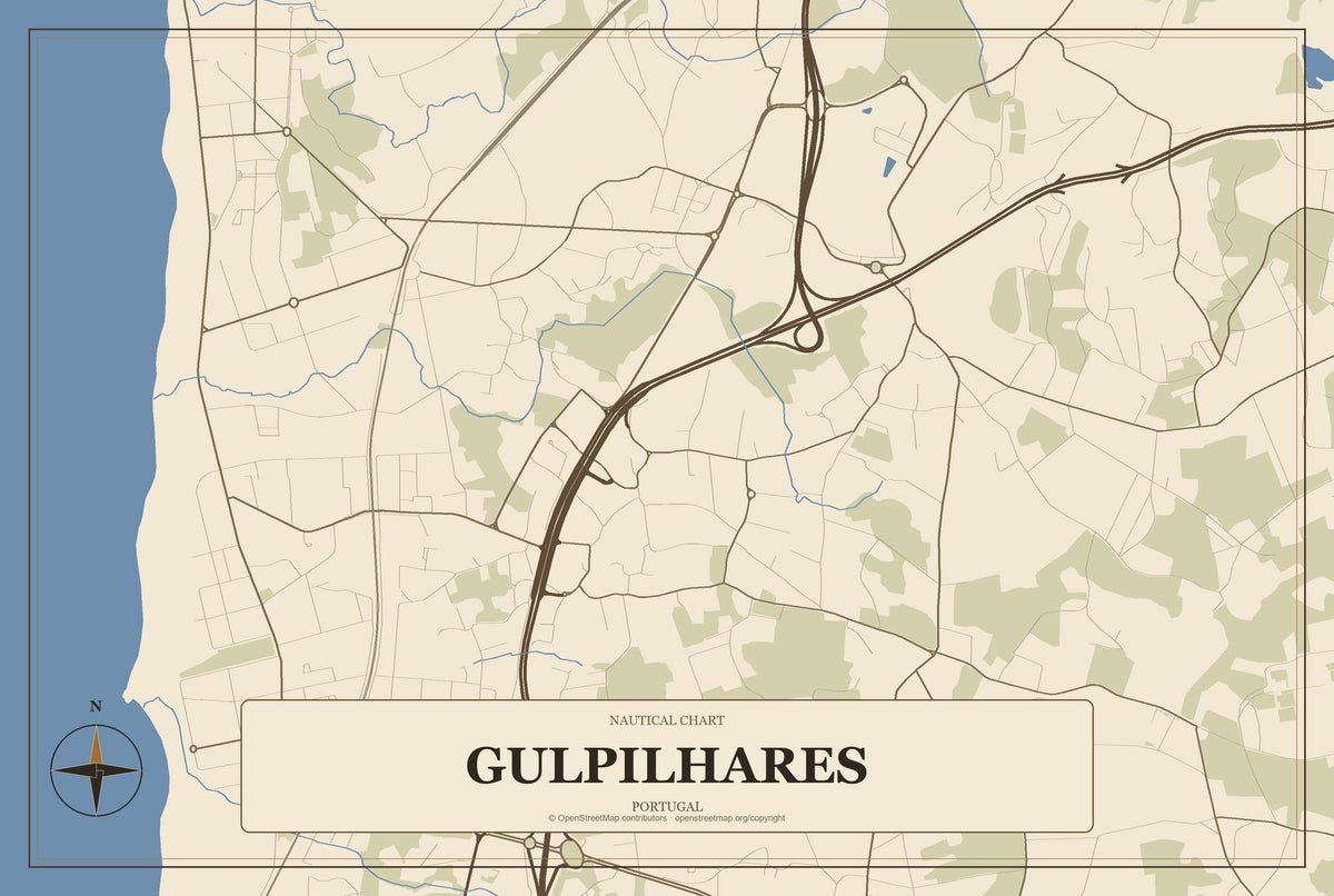 Gulpilhares, Portugal City Map Aluminum Sign in Heritage Nautical style