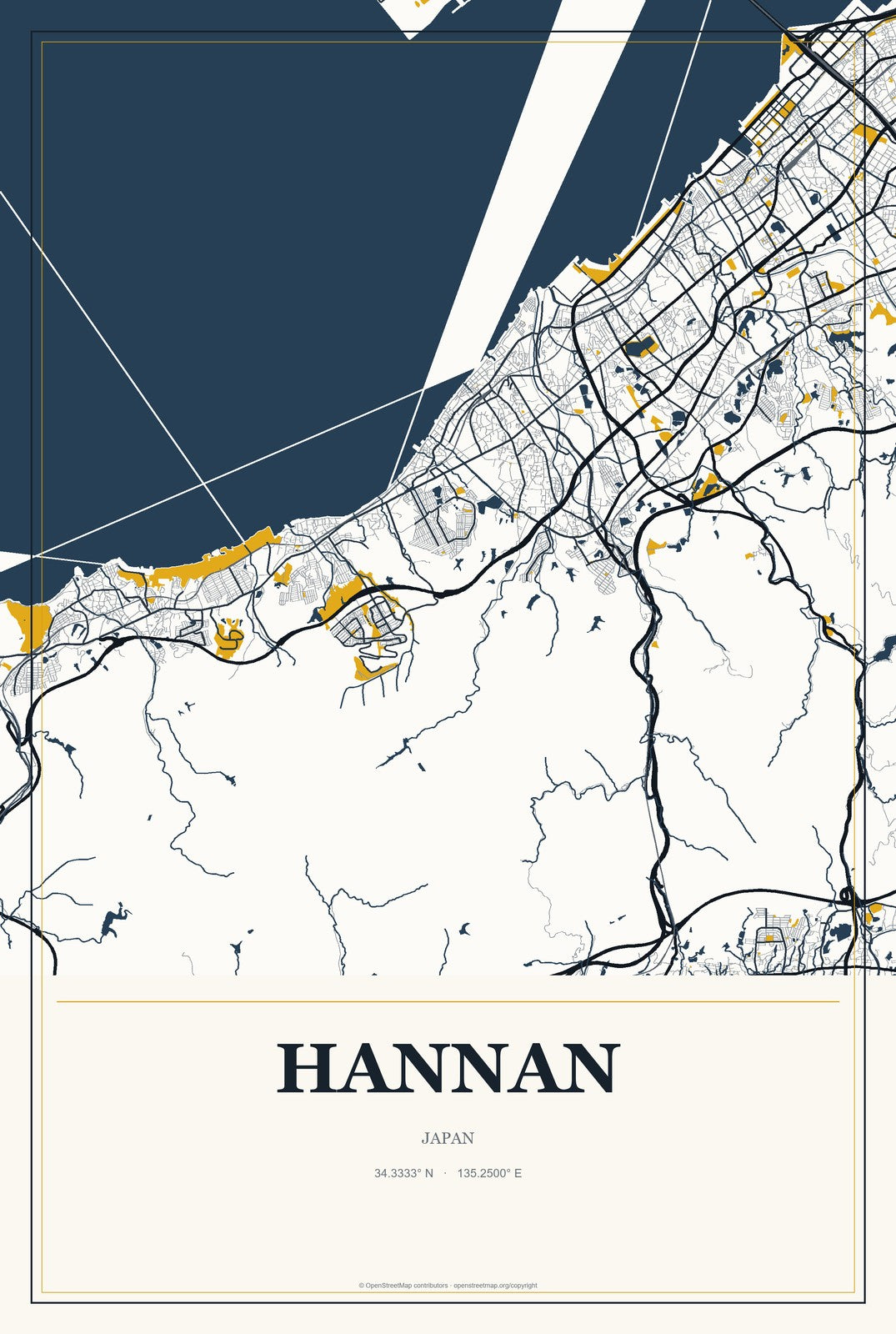 Hannan, Japan City Map Aluminum Sign in Citrine Modern style