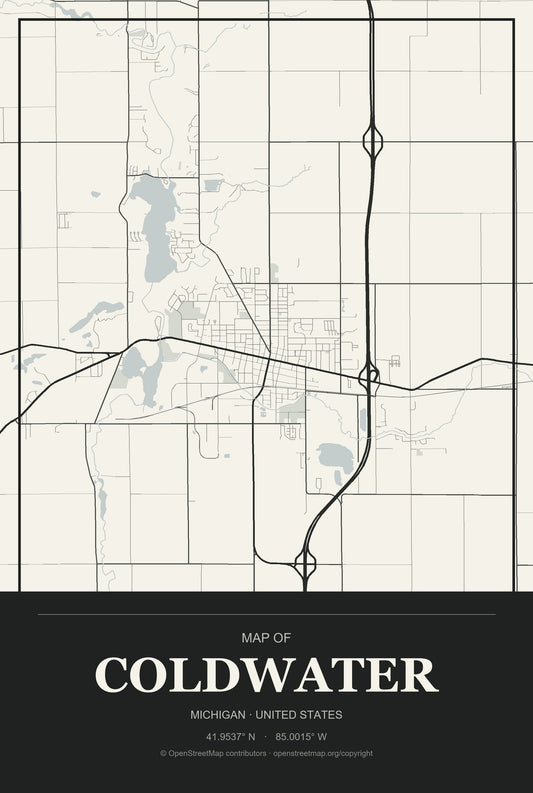Coldwater, Michigan City Map Aluminum Sign in Museum Plaque style
